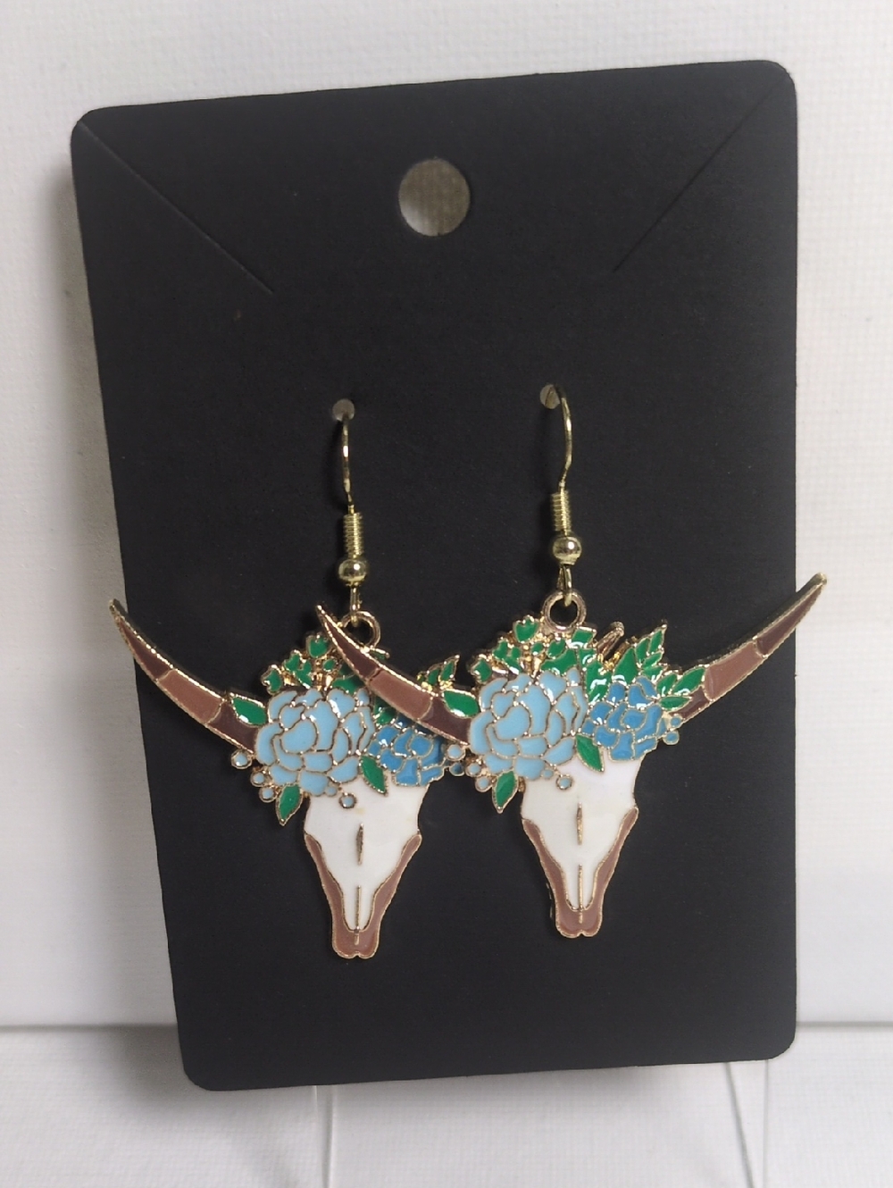 Floral Longhorn Drop Earrings in White, Blue & Green